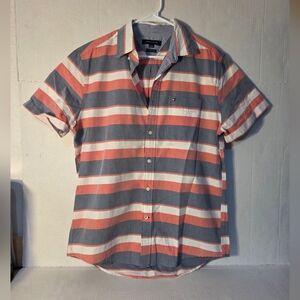 Men's Tommy Hilfiger Striped Button Up Short Sleeve Shirt Size Medium.